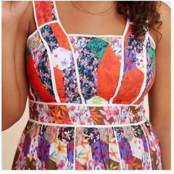 Square Neck Floral Peasant Boho Modern Hippie Farm Hipster Patchwork Maxi Dress - Picture 4 of 6